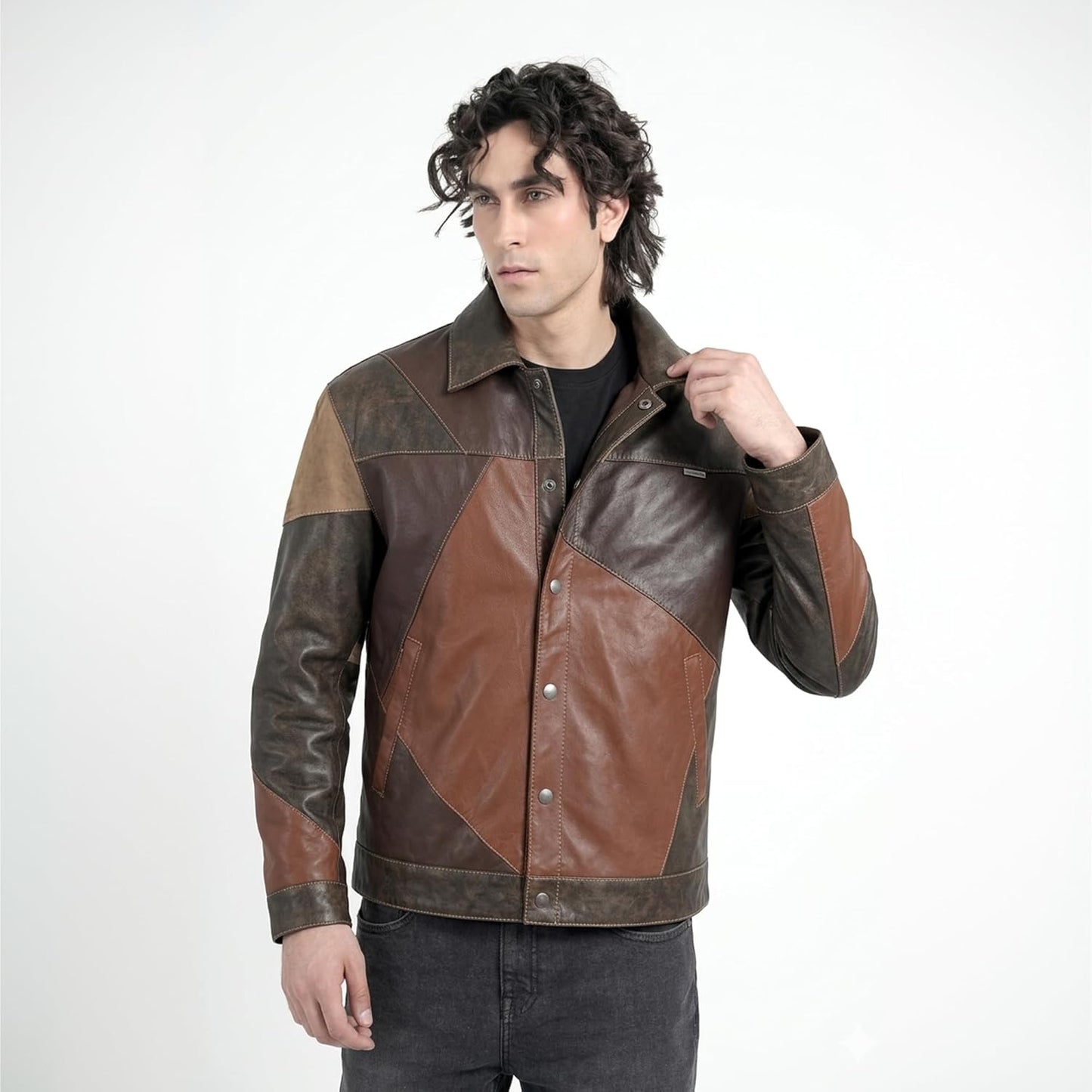 Varese Heritage Trucker — full-grain lambskin leather jacket, collar and yoke detail