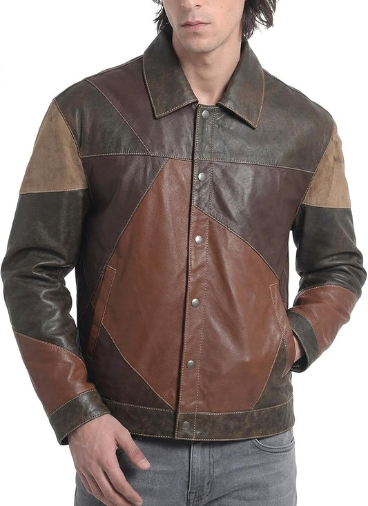 Varese Heritage Trucker — full-grain lambskin patchwork leather jacket, rustic brown, front