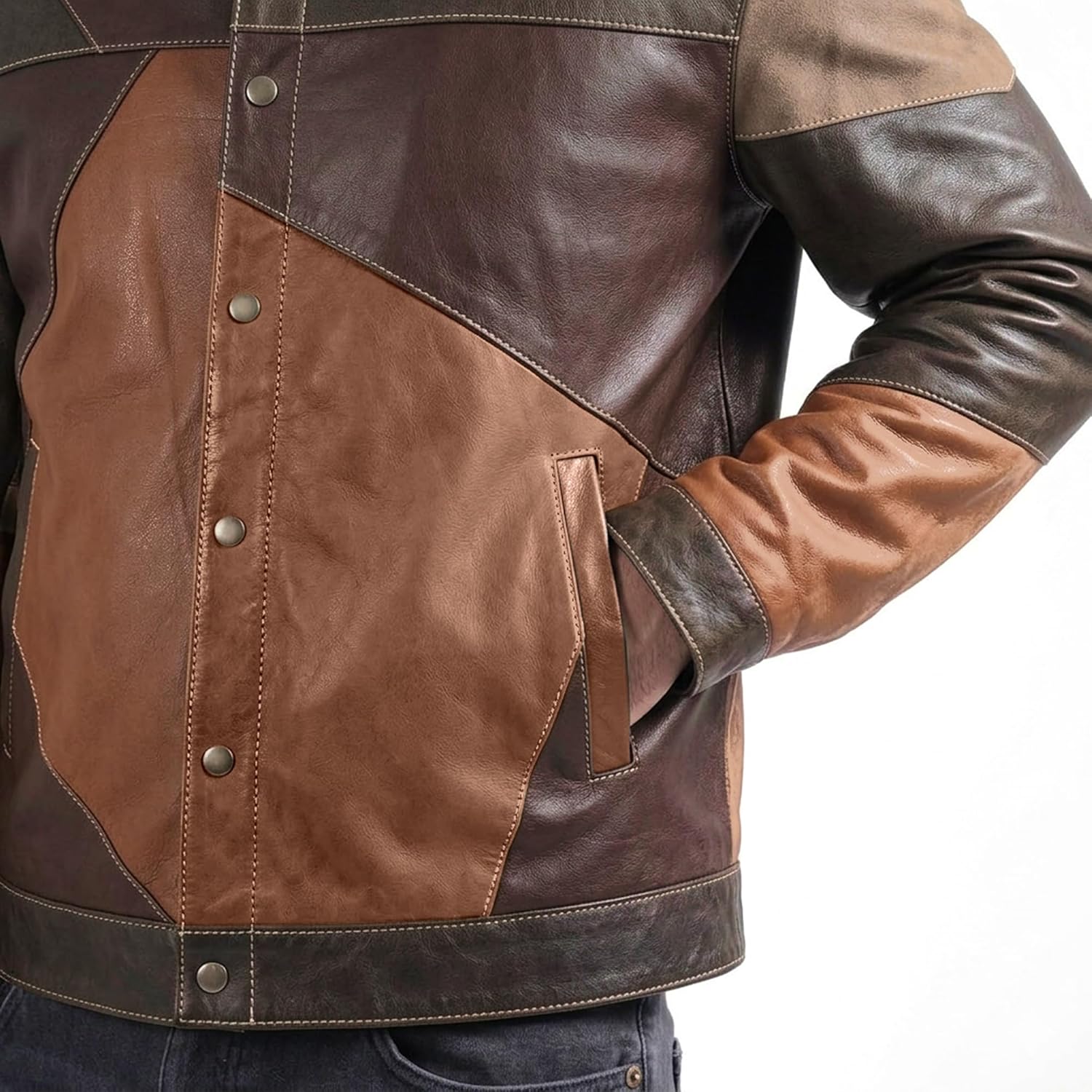 Varese Heritage Trucker — full-grain lambskin patchwork leather jacket, back