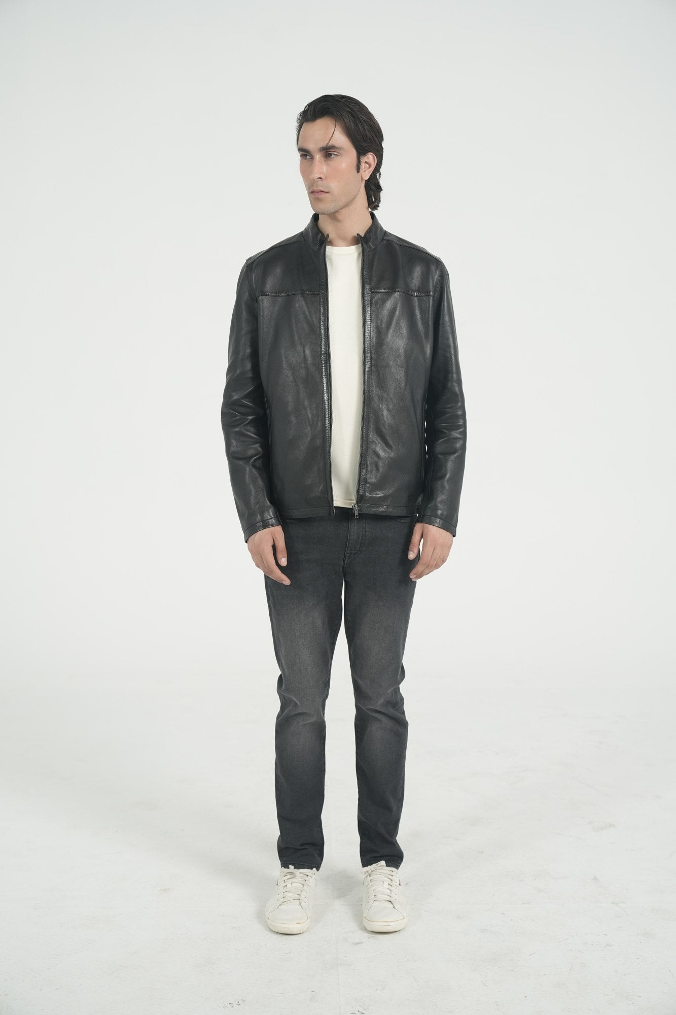 Cuneo Café Racer — full-grain lambskin leather café racer jacket, black, front