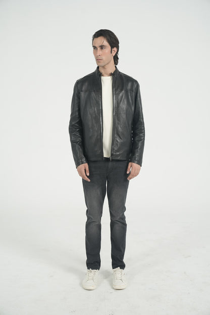 Cuneo Café Racer — full-grain lambskin leather café racer jacket, black, front