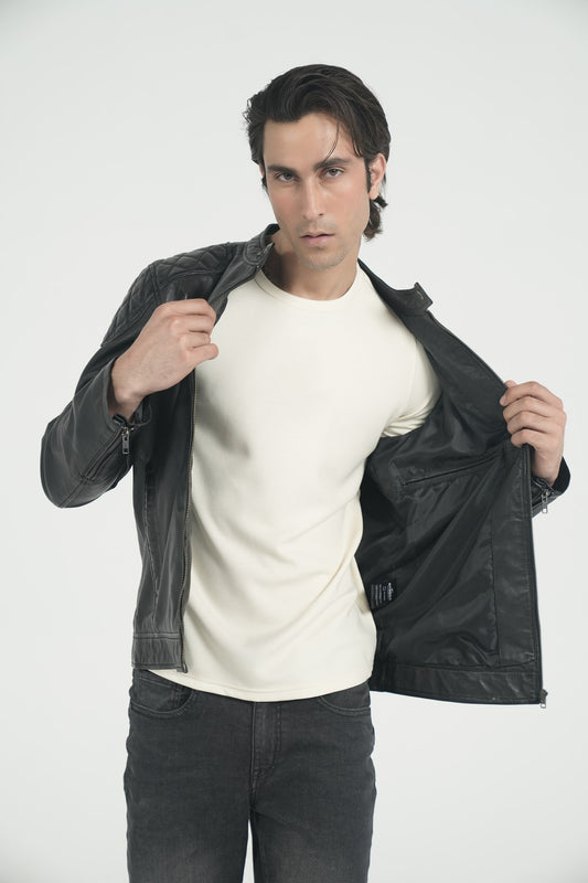 Como Café Racer — full-grain lambskin leather café racer jacket with quilted shoulders, black, front