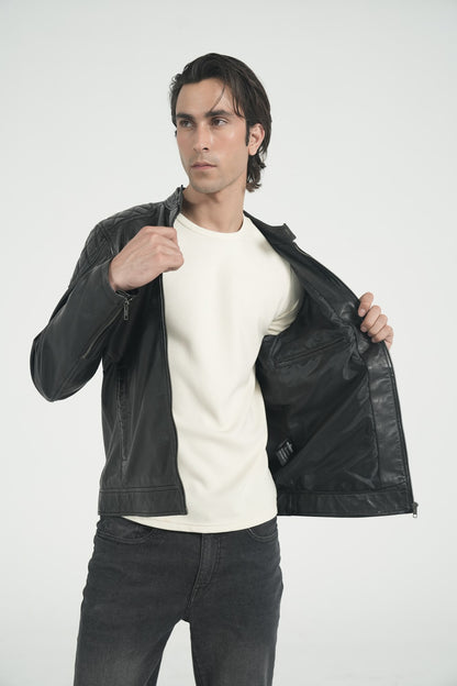 Como Café Racer — full-grain lambskin leather café racer jacket with quilted shoulders, black, detail