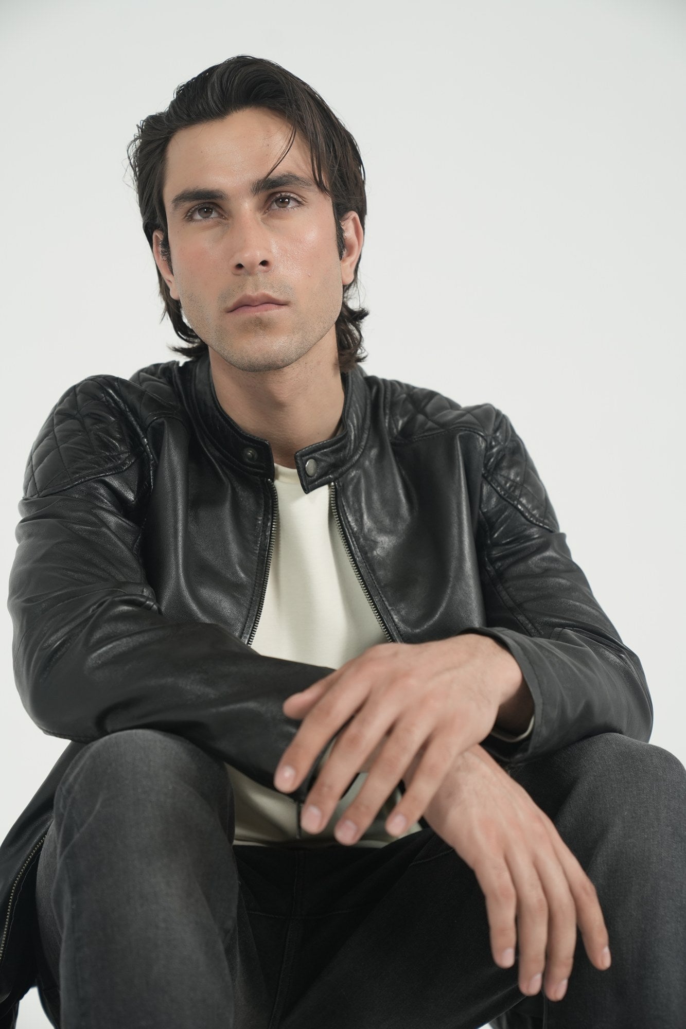 Como Café Racer — full-grain lambskin leather café racer jacket with quilted shoulders, black